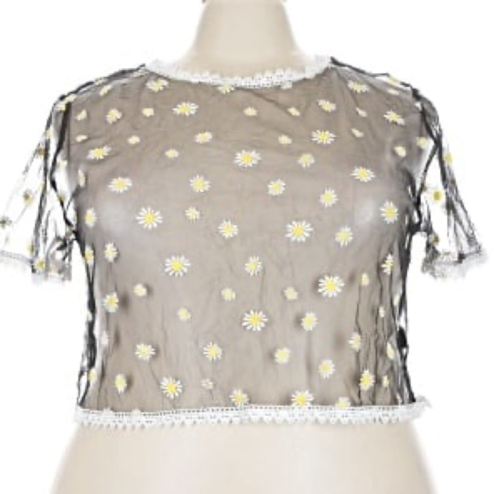SHEIN Daisy Print Black Sheer Mesh Short Sleeve Lace Top Women’s 4XL Plus Size